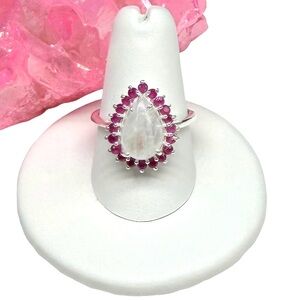 Rainbow Moonstone Ruby Halo Teardrop Ring Size 10 Solid 925 Sterling Silver